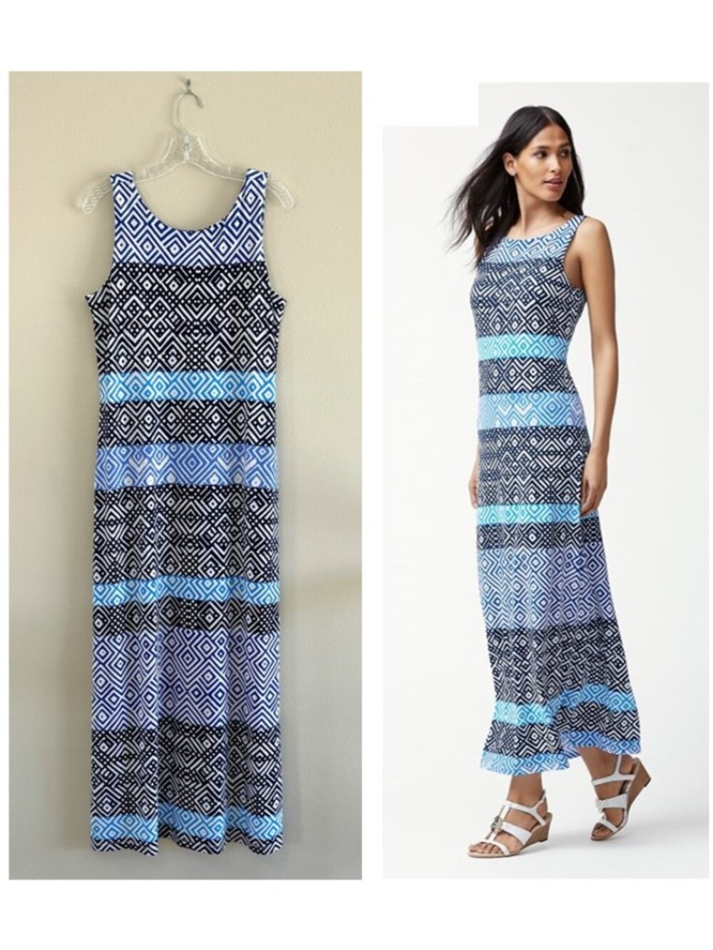 Tommy Bahama Mayan Maze Sleeveless Blue Print Maxi Dress Tropical Vacation